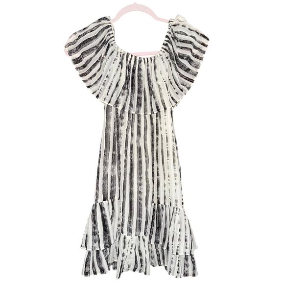 19 cooper NWT white gray black stripes ruffle dress Small off the shoulder - Picture 1 of 2